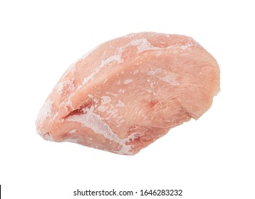 Raw frozen turkey fillet isolated on white background with clipping path top view. Fresh iced turkey breast meat for nuggets or escalope