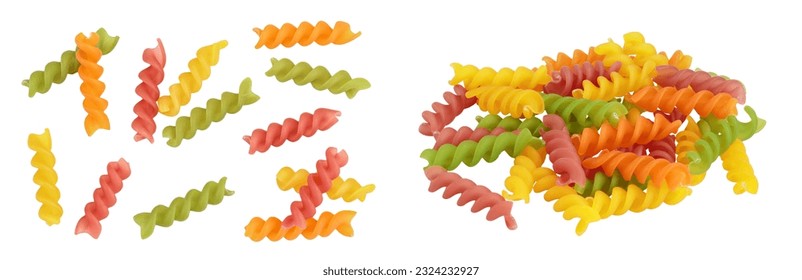 raw Fusilli colored pasta, isolated on white background with  full depth of field. Top view. Flat lay - Powered by Shutterstock