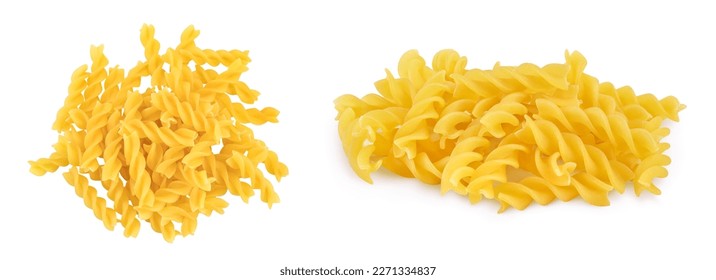 raw Fusilli pasta, isolated on white background with full depth of field. Top view. Flat lay
