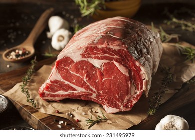 Raw Grass Fed Prime Rib Meat With Herbs And Spices