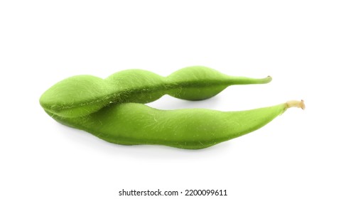 Raw Green Edamame Pods On White Background