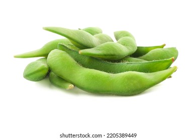 Raw Green Edamame Pods On White Background