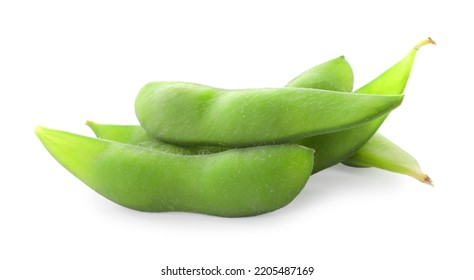 Raw Green Edamame Pods On White Background