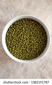 Raw Green Mung Beans In A Bowl, Top View. Flat Lay, Overhead, From Above. Close-up.