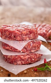 Raw Ground Beef Meat Burger Patties At Picnic Table 