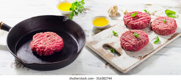 Raw Ground Beef Patties. Selective Focus