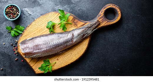 Raw Hake Fish Fillet Seafood Omega  On The Table Healthy Meal Snack Top View Copy Space For Text Food Background Image Rustic 