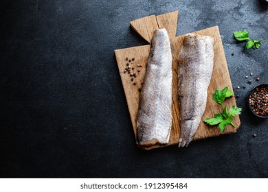 Raw Hake Fish Fillet Seafood Omega  On The Table Healthy Meal Snack Top View Copy Space For Text Food Background Image Rustic 