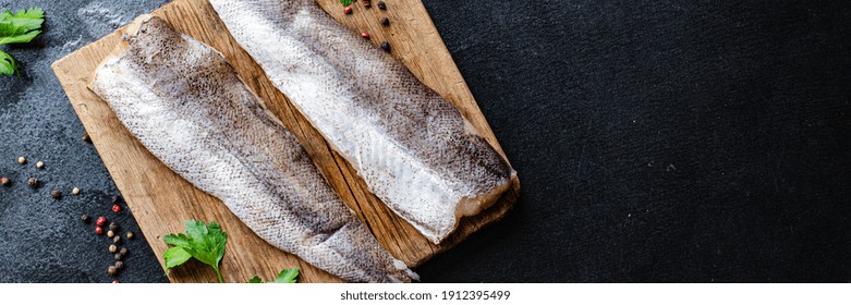 Raw Hake Fish Fillet Seafood Omega  On The Table Healthy Meal Snack Top View Copy Space For Text Food Background Image Rustic 