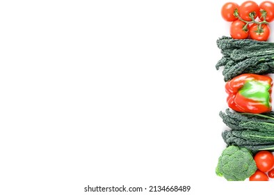 Raw healthy food clean eating vegetables source of protein for vegetarians: broccoli, bellpepper, kale, tomato. Fresh colorful organic vegetables captured from above, top view, banner, copy space