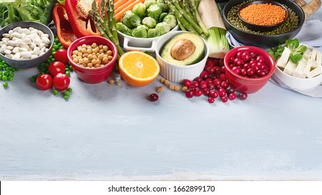 Raw healthy food for vegans.Vegetable albumen sources. Foods high in Plant protein, vitamins, mineral, fiber and antioxidants. Vegan and vegetarian food concept. Image with copy space.