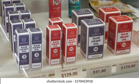 Raw Hemp Oil / CBD Products On A Shelf In Retail Store. Costly Alternative Therapy. Photo Taken In Vista, CA / USA - November 25, 2019.                               