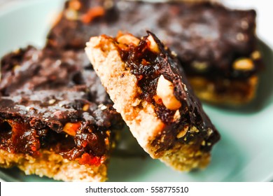 Raw Homemade Bars  Snickers, Healthy Vegan Desserts, Sweet Chocolate, Selective Focus