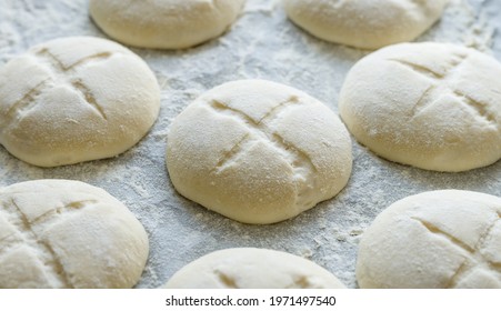 Raw Homemade Yeast Rolls Prepared For Baking, Close-up