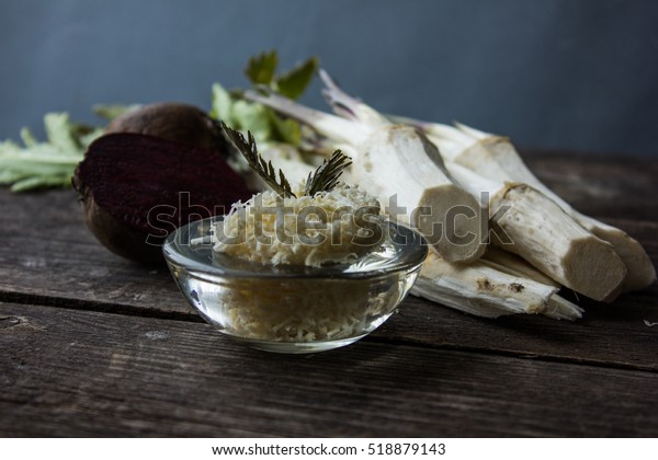 Raw Horseradish Roots On Wooden Background Stock Photo 518879143