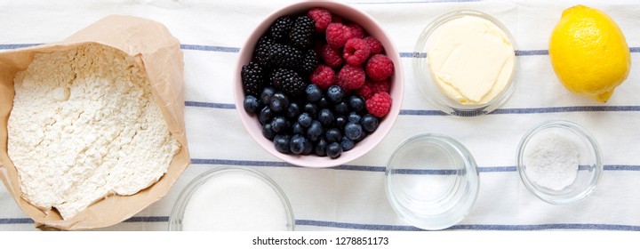 Raw Ingredients For Cooking Berry Pie. Overhead, Flat Lay. Close-up.