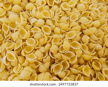 Raw Italian conchiglie pasta with distinct texture. Close-up shot showcasing the natural yellow color of shell-shaped pasta. Ideal for Italian cuisine, food blogs, recipes, and culinary design. - Powered by Shutterstock