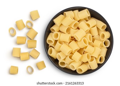 Raw Italian Pasta In Ceramic Bowl Isolated On White Background. Mezze Maniche Rigate Bronze Die. Top View. Flat Lay.