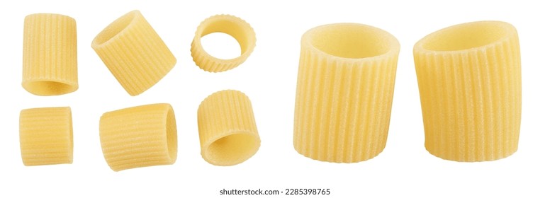 raw italian pasta isolated on white background  . Mezze Maniche Rigate Bronze die. Top view. Flat lay. Set or collection - Powered by Shutterstock