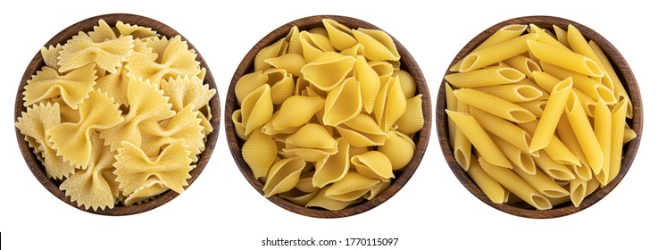 Raw italian pasta in wooden bowl isolated on white background, top view - Powered by Shutterstock