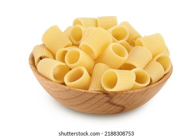 Raw Italian Pasta In Wooden Bowl Isolated On White Background. Mezze Maniche Rigate Bronze Die