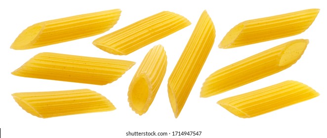 Raw italian penne rigate pasta isolated on white background with clipping path