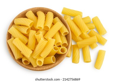 raw italian Rigatoni pasta in wooden bowl isolated on white background with clipping path and full depth of field. Top view. Flat lay - Shutterstock ID 2142756869