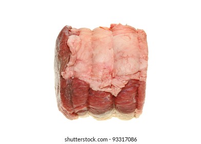 Raw Joint Of Topside Beef Isolated Against White