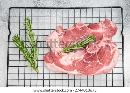 Raw lamb chump chops with bone placed on cooling rack with fresh rosemary, premium sirloin saddle meat prepared for roasting, grilling or gourmet cooking