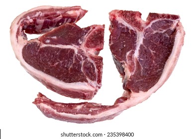 Raw Lamb Loin Chops With Fat Around The Meat Isolated Over White Background