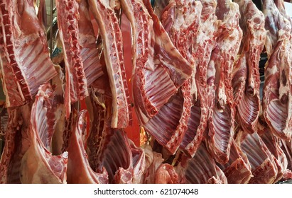 Raw Lamb Meat  In A Carnage At The Market