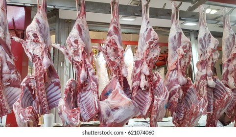 Raw Lamb Meat  In A Carnage At The Market