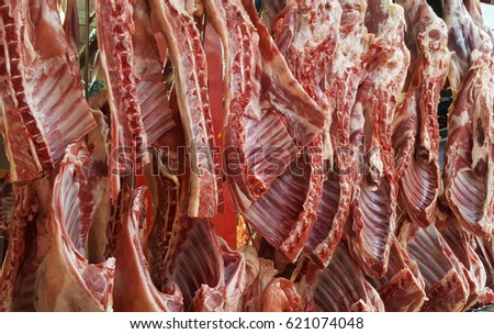 Raw lamb meat  in a carnage at the market