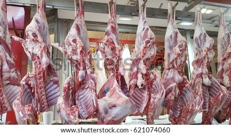 Raw lamb meat  in a carnage at the market