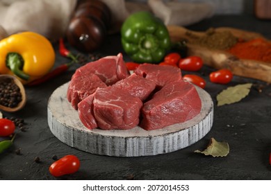 Raw Lean Beef Cube Steak With Vintage Meat Hatchet And On Dark Background. 