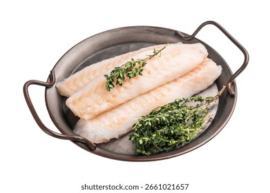 Raw Loin cod fish fillets ready for cooking whitefish in stell tray isolated on white background.