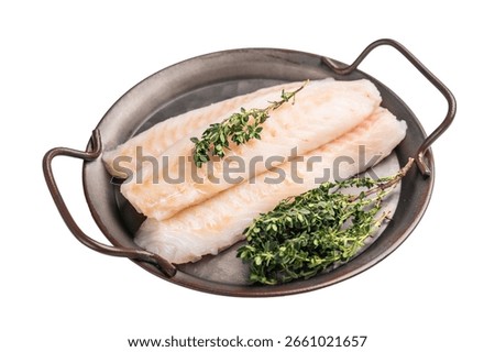 Raw Loin cod fish fillets ready for cooking whitefish in stell tray isolated on white background.