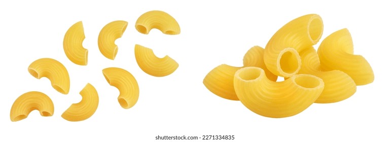 raw macaroni pasta isolated on white background with full depth of field. Top view. Flat lay
