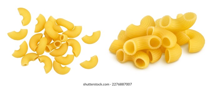 raw macaroni pasta isolated on white background with  full depth of field. Top view. Flat lay