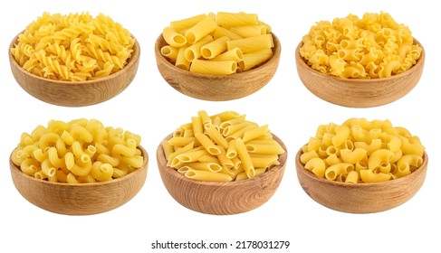 raw macaroni pasta in wooden bowl isolated on white background with clipping path and full depth of field. Set or collection - Powered by Shutterstock