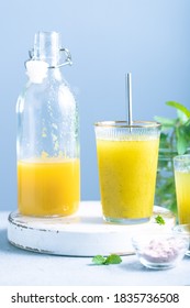 Raw Mango Cooler or Aam Panna. Perfect summer beverage with a generous does of mint is as refreshing as a summer cooler can get. Bright and airy shot does justice to this summery beverage/mocktail