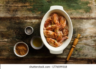 Raw Marinated Chicken Wings Prepared For Baking. Top View