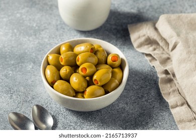 Raw Marinated Organic Green Olives With Pimento Peppers