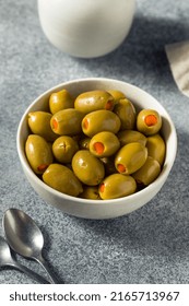 Raw Marinated Organic Green Olives With Pimento Peppers