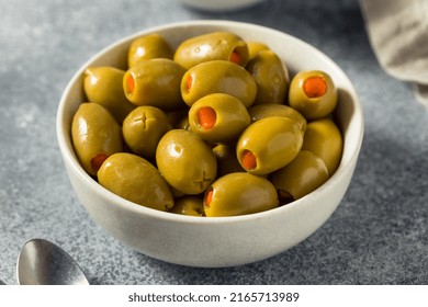 Raw Marinated Organic Green Olives With Pimento Peppers