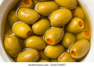 Raw Marinated Organic Green Olives With Pimento Peppers