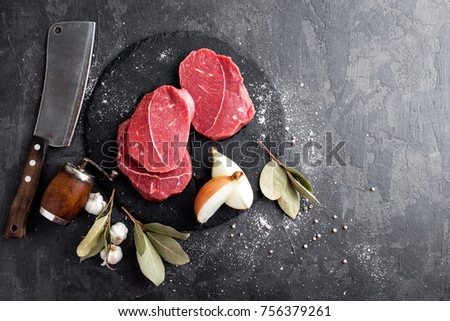 Raw meat, beef steaks