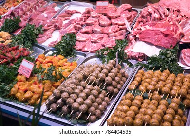 Raw Meat In Butcher's Shop Showcase