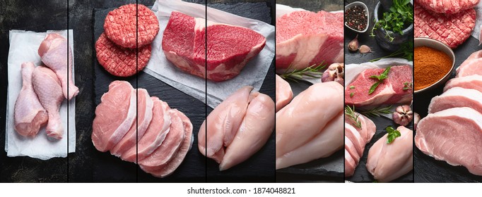 Raw meat collage - beef, pork, lamb, chicken with seasoning . Top view, flat lay