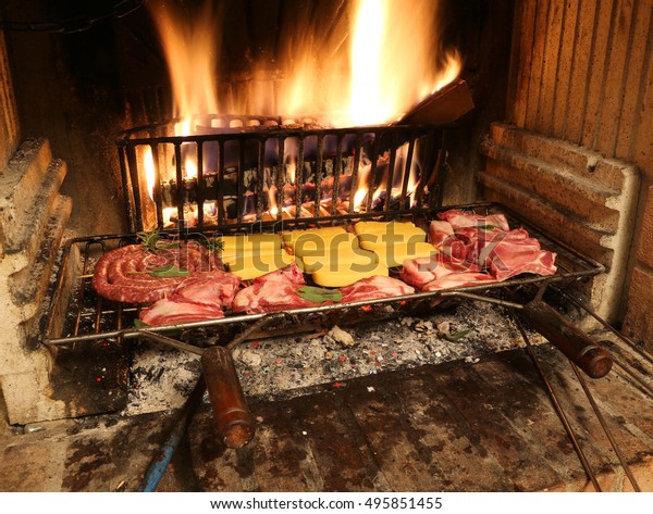 Raw Meat Cooking Fireplace Warm Fire Stock Photo Edit Now 495851455